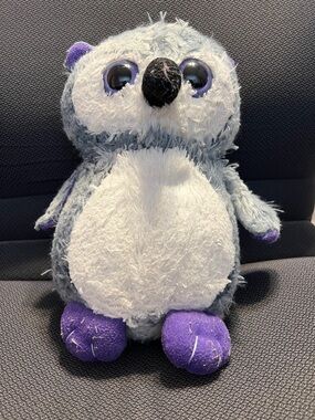 Plush Grey and White Penguin Stuffed Animal with Purple Accents